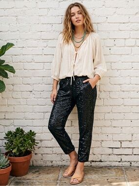 Free People Morelia Sequin Party Pant Black Joggers Size Small